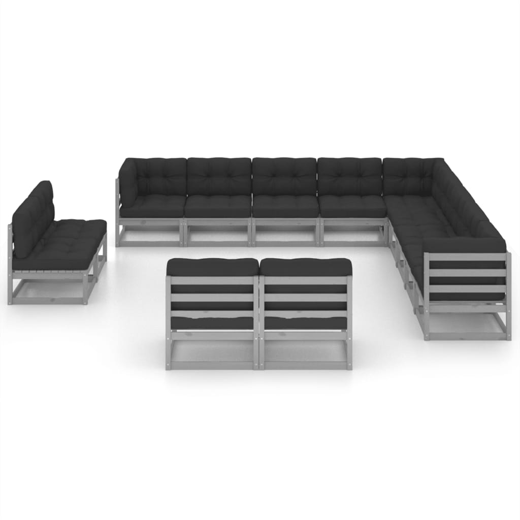 13-tlg. Garten-Lounge-Set mit Kissen Grau Kiefer Massivholz